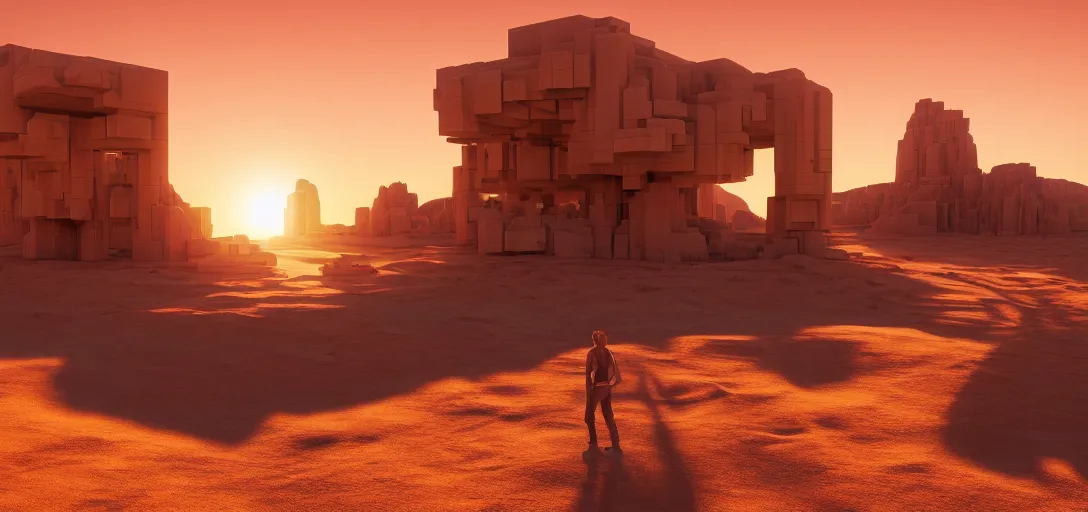 Image similar to view from the desert ground of futuristic blocky brutalist structure at sunset, glowing desert sun, heat haze, mirage, light rays, symmetry, cinematic lighting, ultra detailed, sharp, ambient occlusion, bloom, raytracing, by greg rutowski, finnian macmanus and jessica rossier