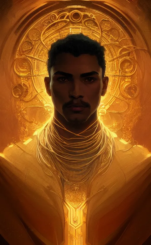 Image similar to portrait of a young handsome dark god, gold wires, three quarter view, intricate, headshot, highly detailed, digital painting, artstation, concept art, sharp focus, cinematic lighting, illustration, art by artgerm and greg rutkowski, alphonse mucha, cgsociety