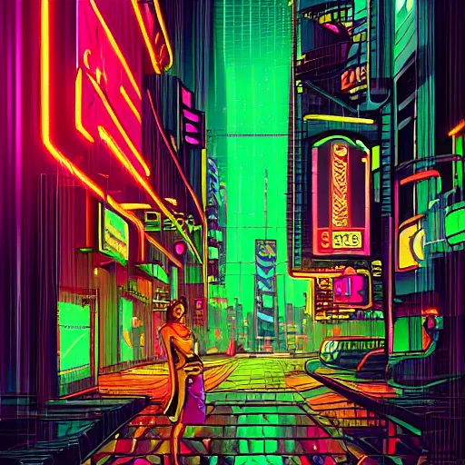 Prompt: digital drawing of a cyberpunk character in a neon city at night in the rain