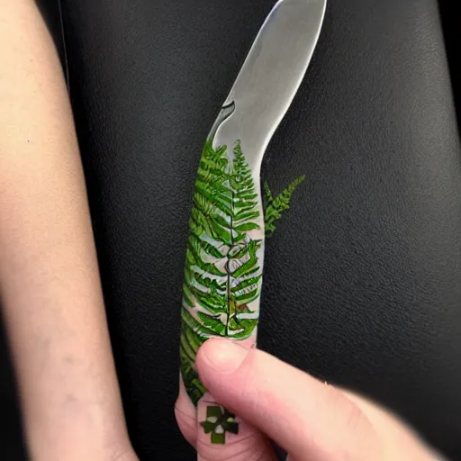 Image similar to neotraditional Tattoo of a switchblade with fern wrapping around it