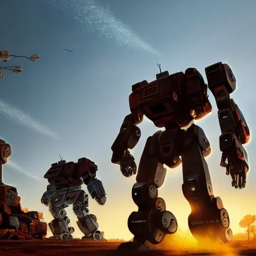 Image similar to Realistic giant mechwarrior robot and the sunset in the distance, by Josan Gonzalez and Geof Darrow, highly detailed, Unreal Engine Render, 3D, 8k wallpaper