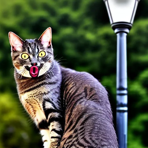 Image similar to Wow, the tongue of this cat is really stuck to the lamp post! poor thing