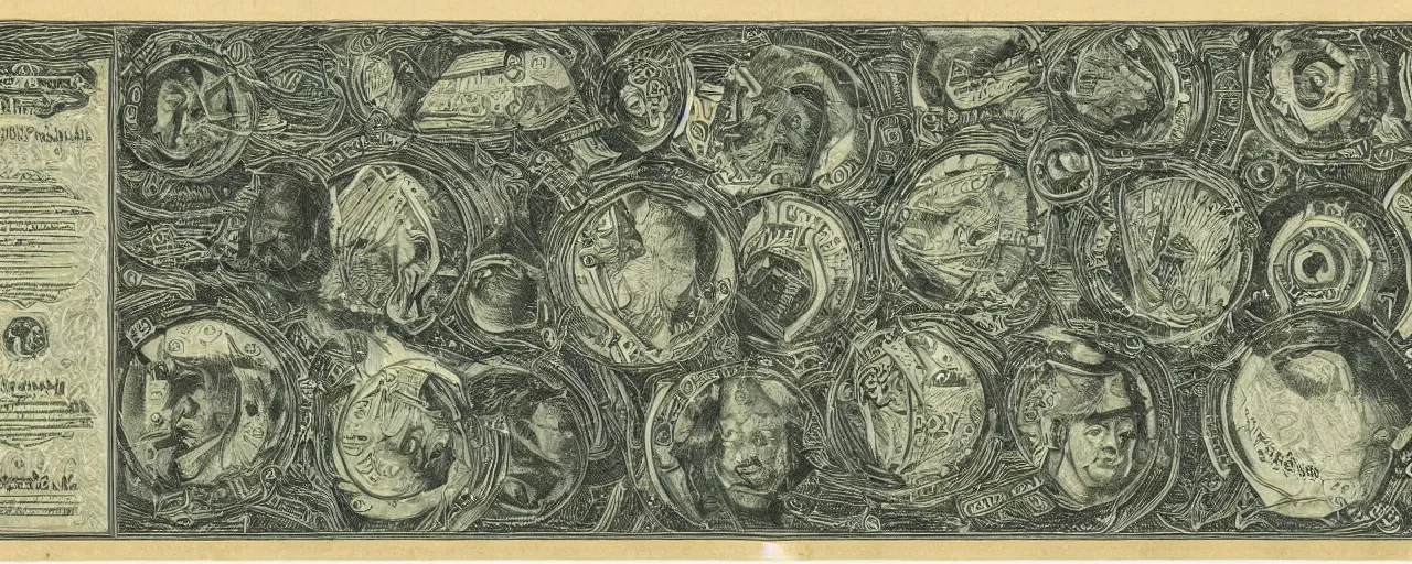 Image similar to Selknam money bill, very detailed engraving and decoration with autochthonous illustrations, 1925, ultradetailed, paper texture