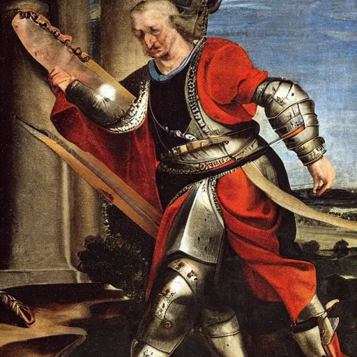 Prompt: donald trump, wearing knight ’ s armor, holding a spectacular broadsword, by annibale carracci, two arms, two legs