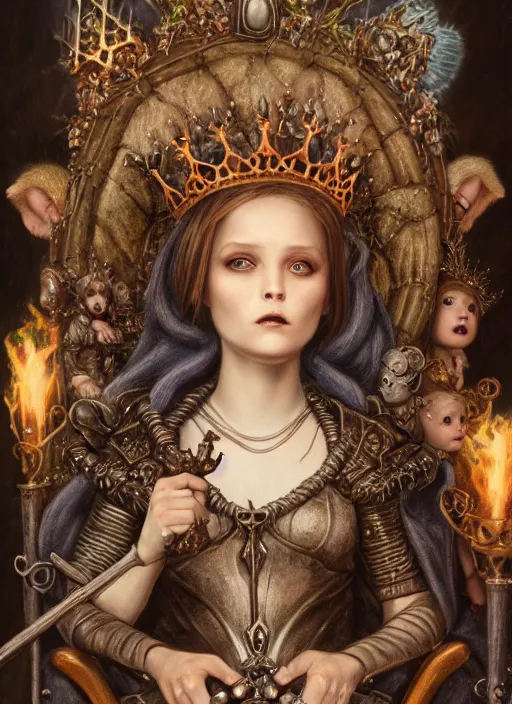 Image similar to highly detailed closeup portrait of a goth fairytale joan of arc wearing a crown and sitting on a throne, surrounded by cutr bunnies, unreal engine, nicoletta ceccoli, mark ryden, earl norem, lostfish, global illumination, god rays, detailed and intricate environment