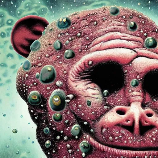 Image similar to measles on a deformed hideous pustule covered monkey, sores, bumps, skin wounds, surface hives, growths, horror, fantasy, highly detailed, by Dan Hillier, ooze, slime, in background nebula of bacteriophages