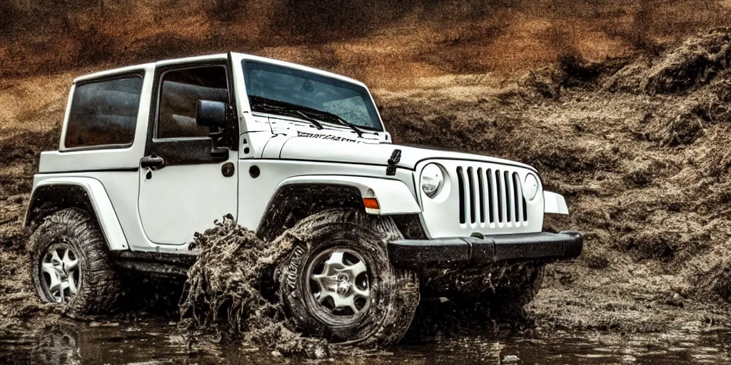 Image similar to noisy color photograph of a 1997 hardtop white Jeep Wrangler drowning in quicksand, dirty swamp, gritty, Venom liquid, cinematic, soft vintage glow