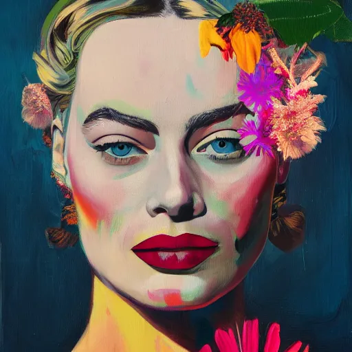 Image similar to detailed oil painting of margot robbie in detail with flowers by james jean, by andy warhol, by frida kahlo