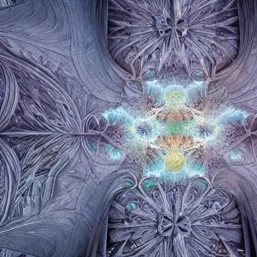 Image similar to a hyperrealistic 3 d render of a huge sprawling fractal cathedral interior populated by mandelbrot fractals by android jones, unreal engine, carved stone, carved soap, white color scheme, volumetric lighting, octane render, dramatic lighting, glowing, carved marble, opalescent, sacred geometry, religious, angelic, catholicpunk, stark, 8 k, ultra detailed