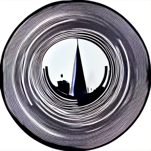 Image similar to a perfect circle, the outer edge of the circle is hugged by the silhouette of a city skyline, black and white, minimalist, in the style of a line drawing