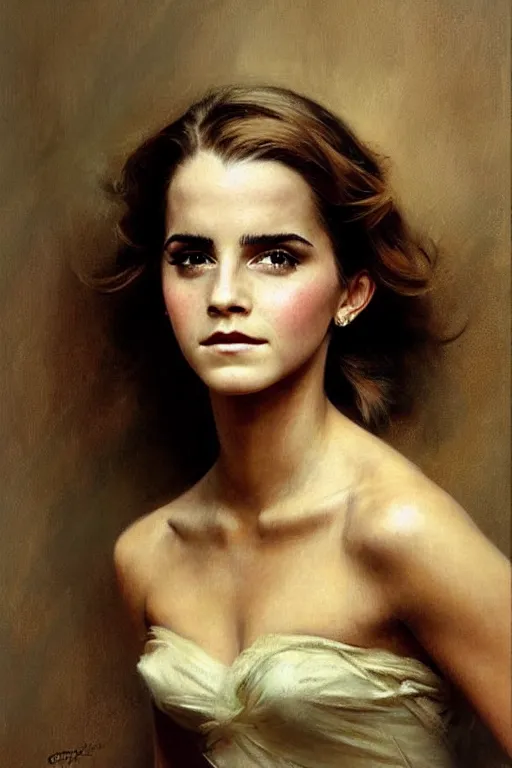 Image similar to detailed portrait of a beautiful emma watson 1 9 7 0 s hairstyle muscular, painting by gaston bussiere, craig mullins, j. c. leyendecker