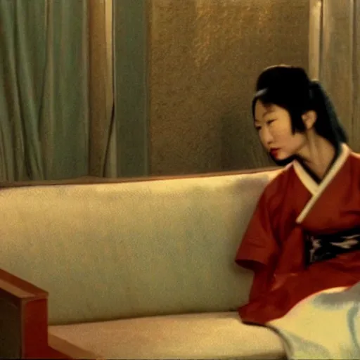 Image similar to a woman in a hanbok sitting on a couch, a starfish monster\'s arm coming through the window, minimal cinematography by Akira Kurosawa, movie filmstill, film noir, thriller by Kim Jong-il and Shin Sang-ok, abstract communism, occult epic