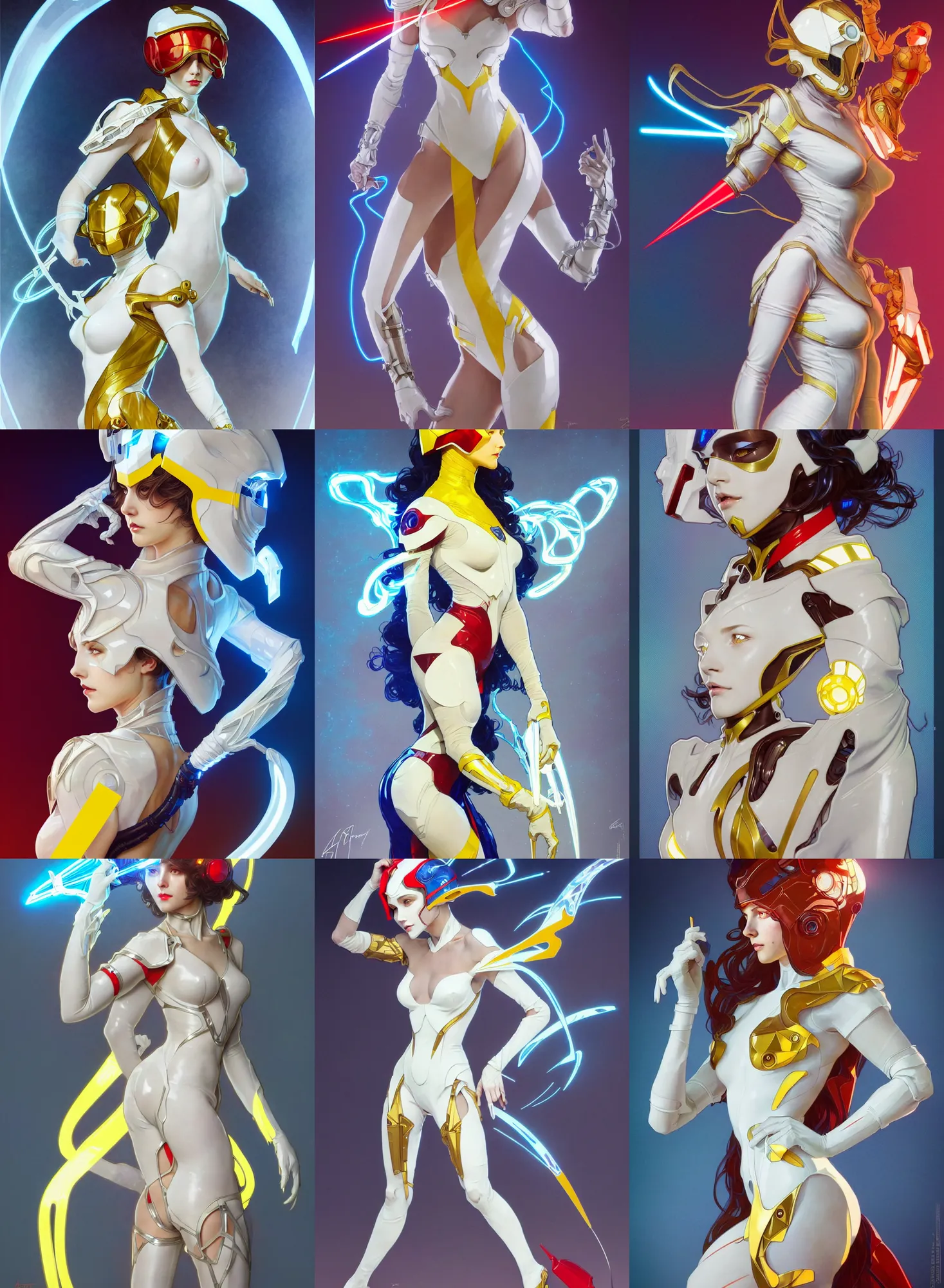 Image similar to a full body character design by artgerm, greg rutkowski and alphonse mucha. sci - fi dagger. laser white and yellow tape and red translucent plastic tape project show attctive showgirl!! sci - fi helmet electric blue eyes!! sharp edges. contour light effect!! ultra detailed, elegant, intricate, octane render.