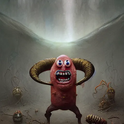 Image similar to Evil Spongebob Squarepants with worms and insects crawling in and out of his holes, fullbody, intricate, horror, highly detailed, artstation, Grominator, concept art, smooth, sharp focus, illustration, art by greg rutkowski and orientalism and bouguereau and Zdzislaw Beksinski, good clear quality, lighting, biology, symmetrical artwork, perfect face, 135 mm, cinematic, hyper realism, high detail, octane render, 8k, chrome accents