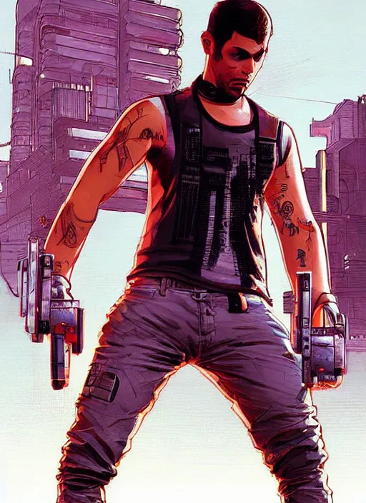 Prompt: Handsome Javier. good looking cyberpunk fitness dude. attractive face. Realistic Proportions. Concept art by James Gurney and Laurie Greasley. Moody Industrial skyline. ArtstationHQ. Creative character design for cyberpunk 2077.