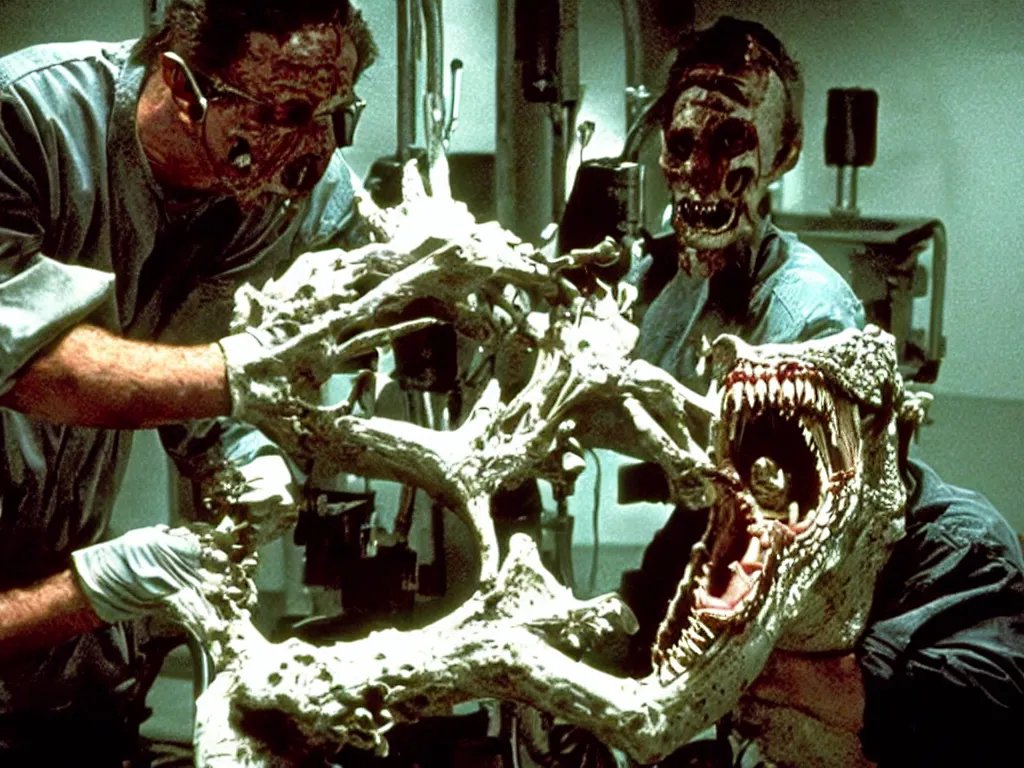 Image similar to movie still b - grade horror film budget production dentist wearing a facemask drilling the teeth of a very scary dangerous biomechanical crocodile creature made of bone, bulging wide eyes, wes craven stanley kubrick david cronenberg george a romero guillermo del toro sharp focus