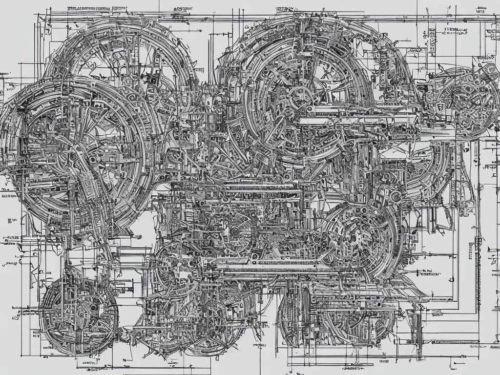 Image similar to engineering schematics of a mechanical grandmother head, blueprint, complex, precise, intricate, detailed, engineering plans, technical book page