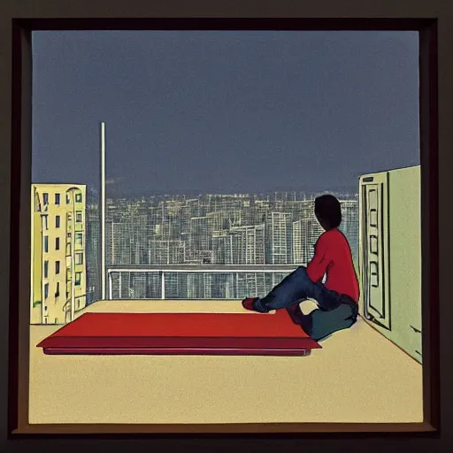 Prompt: art of two singapore students on the roof of a hdb flat, watching the neighbourhood, by moebius