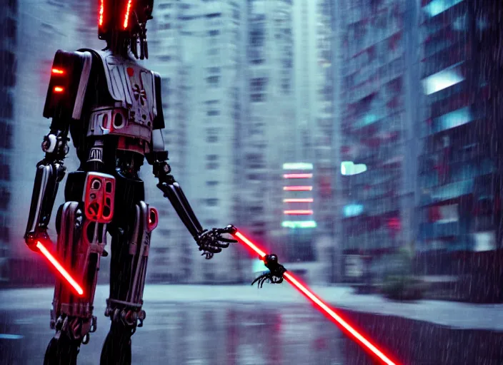 Image similar to 3 5 mm portrait photo of ( general grievous )!! with heavy duty biomechanical cybernetic body with ( four arms holding 4 activated red lightsabers )!! in the city in the rain. cyberpunk horror style.