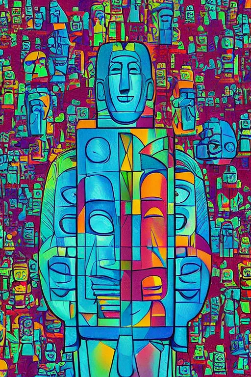 Image similar to cubist moai statue cutout digital illustration cartoon colorful beeple