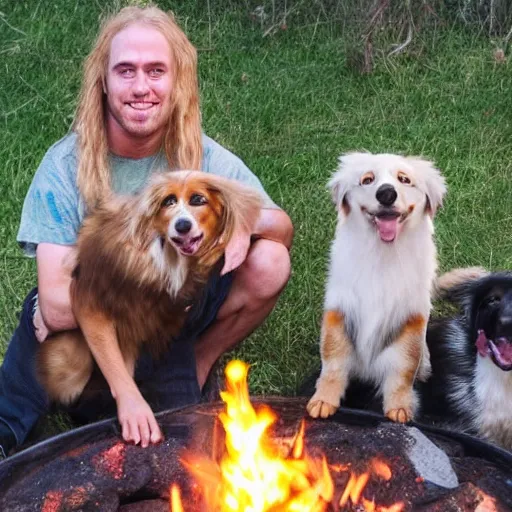 Image similar to photo of hillbilly with long blonde hair and an australian shepherd dog around a bonfire, symmetric face