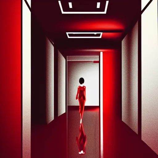 Image similar to a cinematic dramatic digital art of a woman walking through corridor. red