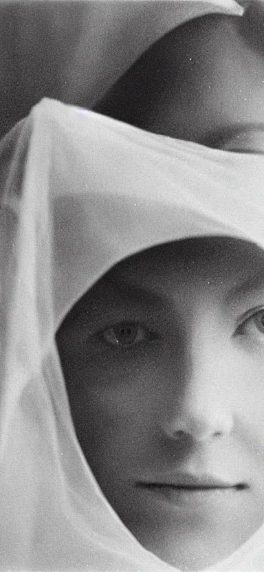 Image similar to filmstill photography of female face covered with white translucent blanket