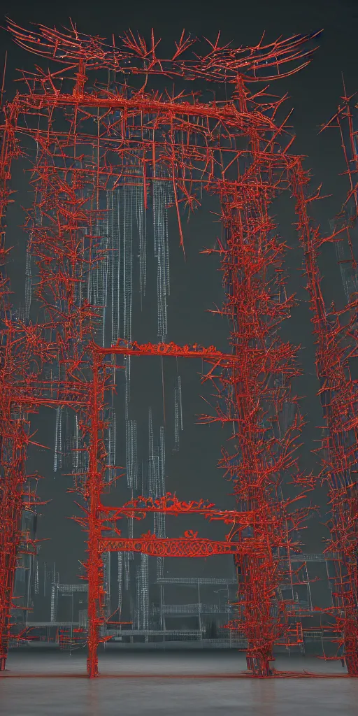 Image similar to 3 d photographic render of a deconstructed torii gate mundelbulb sculpture, chrometype, made of liquid metal, katamari neotribal with thorns and thunders, cyberpunk japanese temple, raytraced, hyper realistic, volumetric lightning, 8 k, by zhelong xu, ouchh and and innate studio