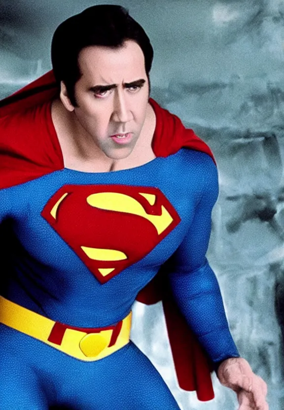 Prompt: Film still of Nicolas Cage as Superman