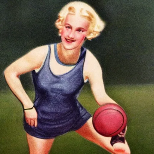 Prompt: a 1 9 3 0 s color portrait. happy, healthy, beautiful, smiling, young, sporty, blonde, blue - eyed woman in decent athletic wear. hyper - realistic detailed drawing