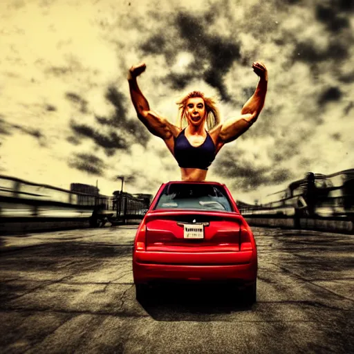 Image similar to car jump, bodybuilder, woman, holding, photo, digital art, hands, underbody, tire, throw,