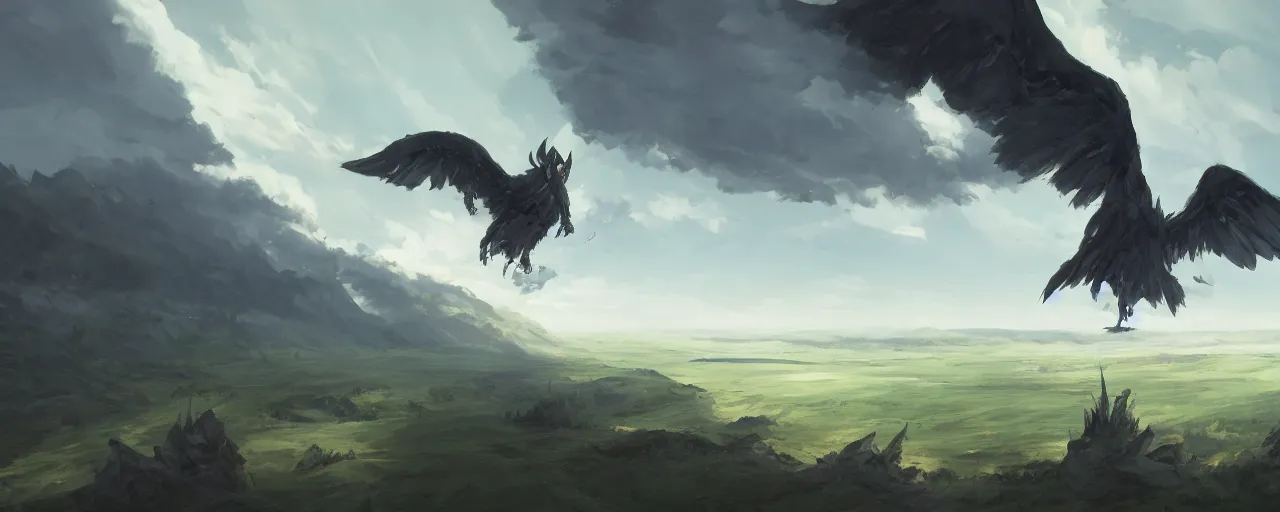 Image similar to satan unrurls his enormous wings overlook over the plains of golgotha, digital art, dark palette pokemon sword and sheild atmosphere by marby kwong, ( ( ( ( ( ( ( makoto shinkai raphael lacoste martin deschambault finnian macmanus artstationhq iamag