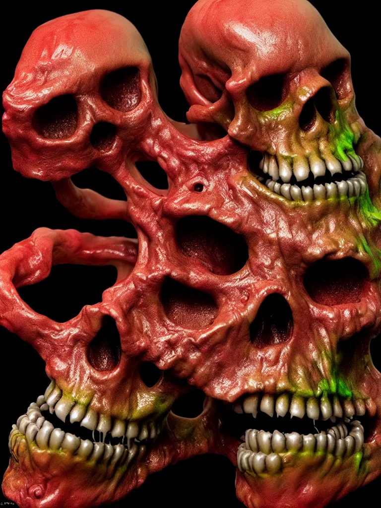 Image similar to hyperrealistic subsurface scattering rendering, fat smooth wet cronenberg flesh monster smooth skull and ribcages kaiju by art of skinner and richard corben and jeff easley, product photography, action figure, sofubi, studio lighting, colored gels