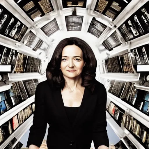 Prompt: Movie still of Sheryl Sandberg as a villain in movie Panopticon