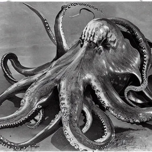 Image similar to old black and white photo, 1 9 1 3, depicting bruce willis in combat armor fighting giant octopus, historical record, tentacles around