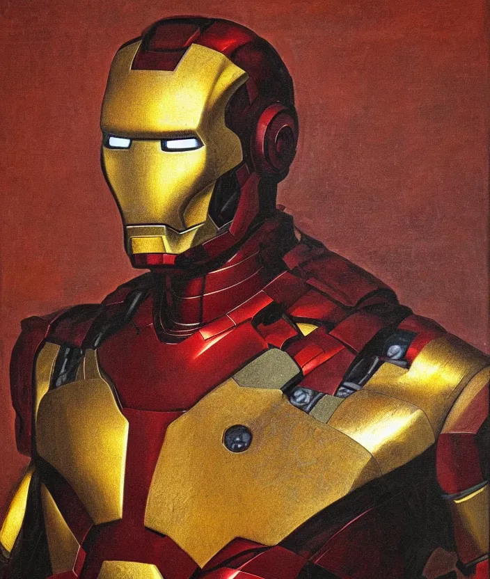 Prompt: oil painting half-lenght portrait of iron man by Leonardo da Vinci