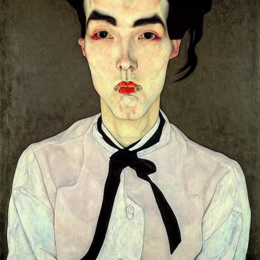 Image similar to full body painting of grumpy handsome thin beautiful man in his 2 0 s named min - jun in a french female maid outfit, modern clothing, elegant, clear, painting, stylized, delicate facial features, stylized thin lines, soft but grumpy, highly detailed, art, art by egon schiele