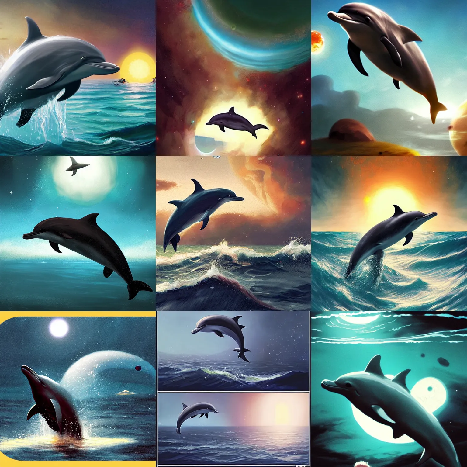 Prompt: Dolphin escaping the planet ,greg rutkowski,and Sarah Andersen,cinematic lighting