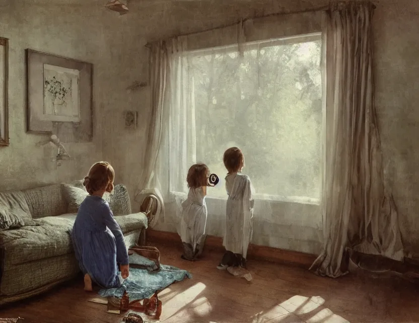 Image similar to kids watching old tv in country house, cottage core, cinematic focus, polaroid photo bleached vintage pastel colors high - key lighting, soft lights, foggy, by steve hanks, by lisa yuskavage, by serov valentin, by tarkovsky, 8 k render, detailed, oil on canvas