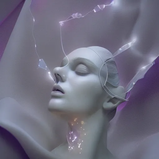 Image similar to abstract female sculpture made of white marble and amethyst crystals quartz, ethereal lights, fine details, artstation, film still, cinematic photoshooting, luxury, strong wind, golden filigree, octane render