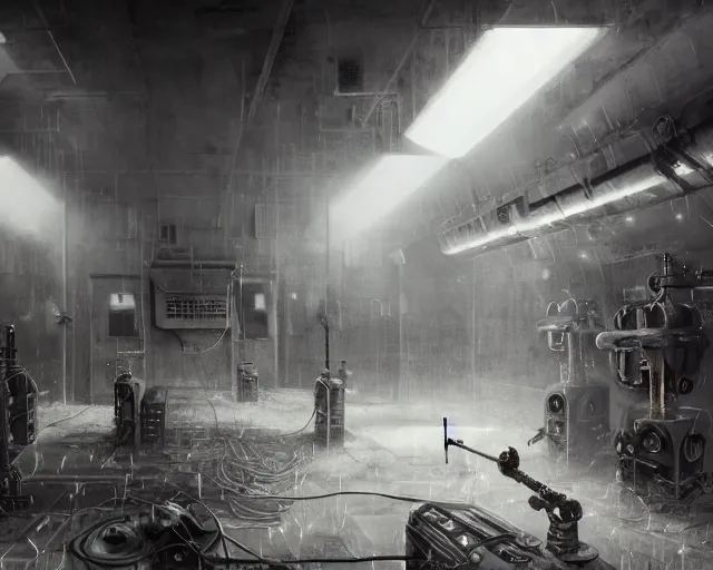 Image similar to gloomy ruined server room in datacenter robot automata rusty steel robot knight colossus welder pacing fixing soldering mono sharp focus, emitting diodes, smoke, artillery, sparks, racks, system unit, motherboard, by pascal blanche rutkowski repin artstation hyperrealism painting concept art of detailed character design matte painting, 4 k resolution blade runner