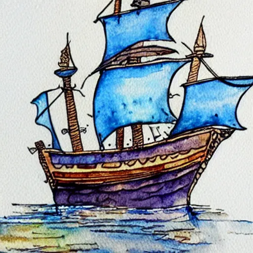 Prompt: pirate ship intricate watercolor and ink cool colors