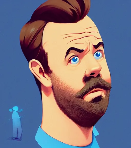 Image similar to face icon stylized minimalist jason sudeikis with mustache wearing blue shirt white color, loftis, cory behance hd by jesper ejsing, by rhads, makoto shinkai and lois van baarle, ilya kuvshinov, rossdraws global illumination