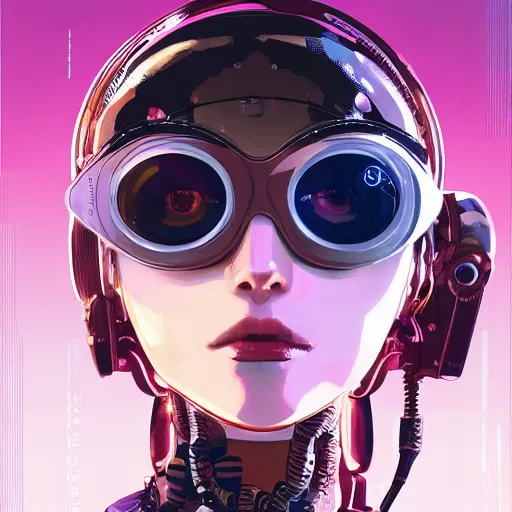 Prompt: highly detailed portrait of a post-cyberpunk robotic young lady with digital goggles by Akihiko Yoshida, Greg Tocchini, Greg Rutkowski, Cliff Chiang, 4k resolution, persona 5 inspired, vibrant pink,brown, yellow, white and black color scheme with stray wiring