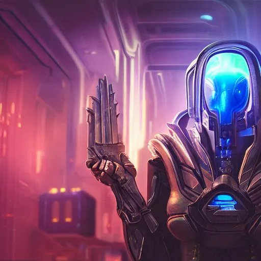 Image similar to a high quality portrait of a Protoss Zealot in a cyberpunk cyberpunk cyberpunk cafe, realism, 8k, award winning photo