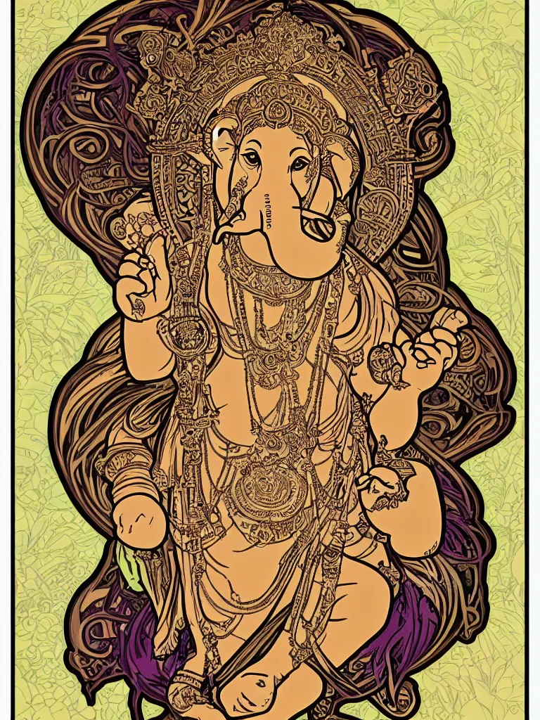 Image similar to portrait of ganesha art by alphonse mucha sticker, colorful, illustration, highly detailed, art nouveau, simple, smooth and clean vector curves, no jagged lines, vector art, smooth