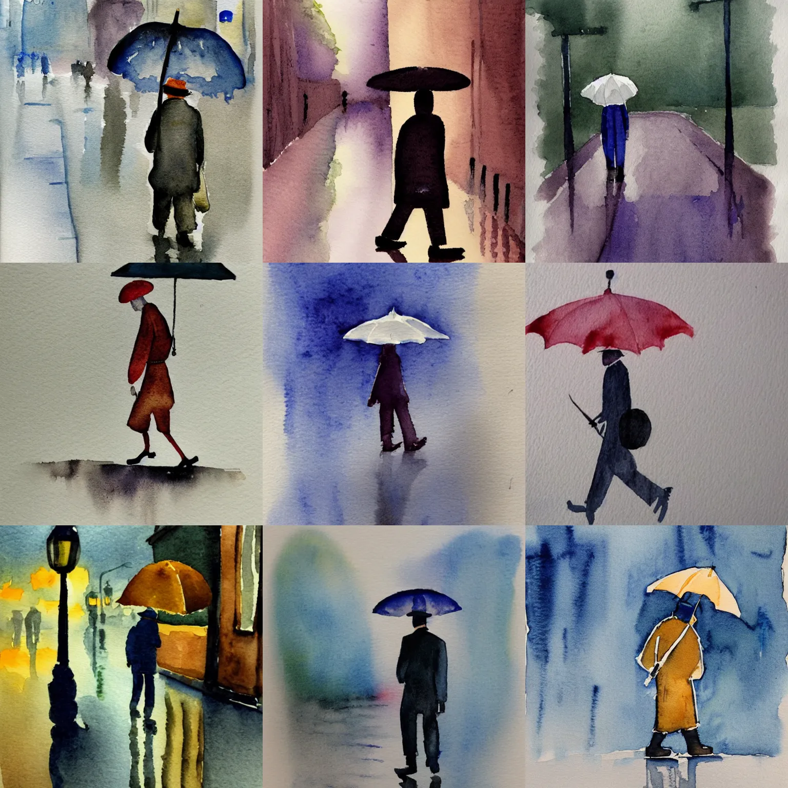 Prompt: a flat watercolor painting night watchman walking on a rainy night