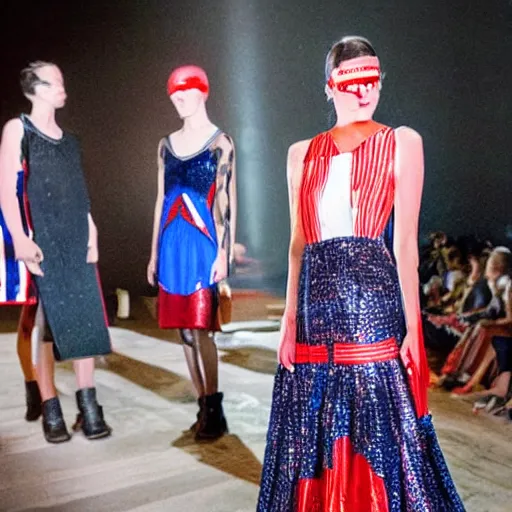 Image similar to dystopian fashion incorporating red white and blue, brutalist fashion show