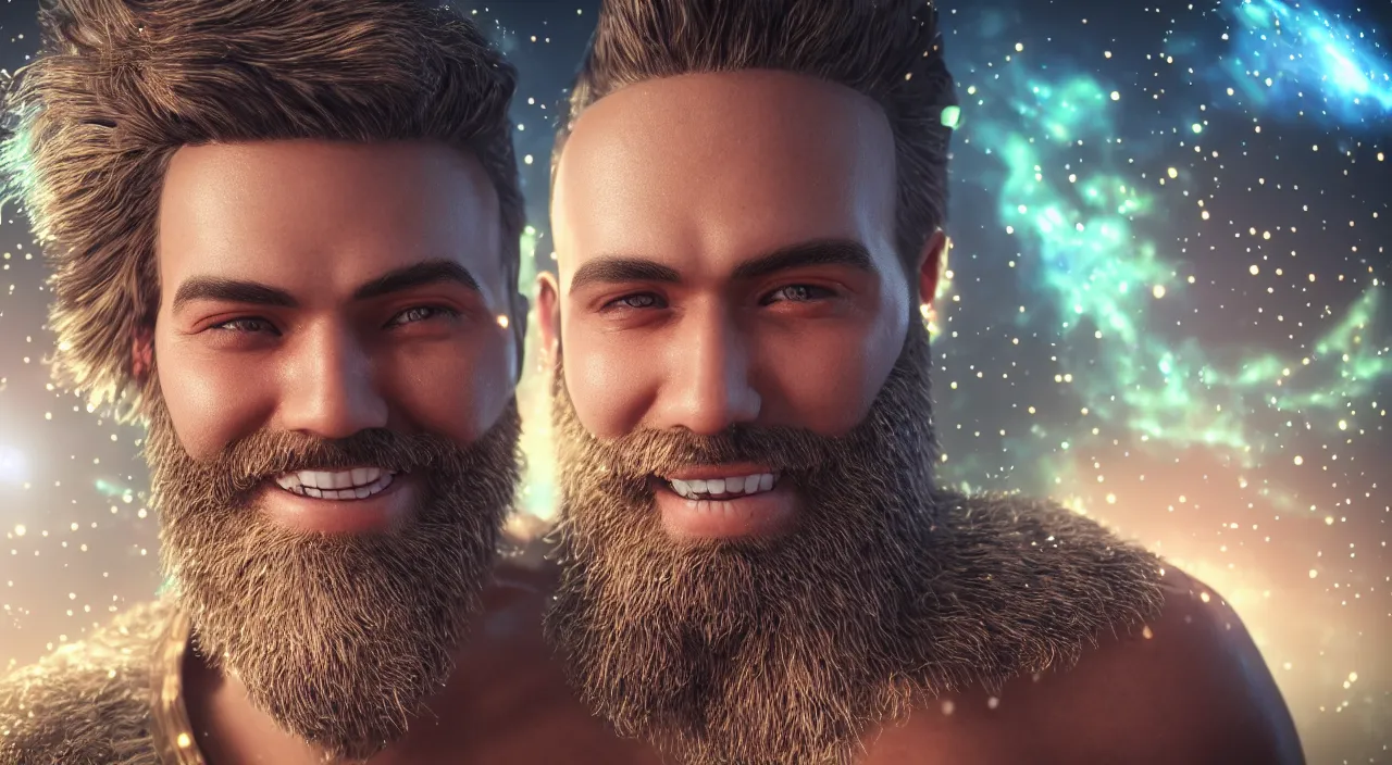 Prompt: Close up smiling handsome man with glowing galaxy eyeballs and majestic beard, professional studio photography, depth of field, intricate details, photorealistic, high quality. Rendered with autodesk arnold unreal engine octane render Lumion Blender Maxwell.