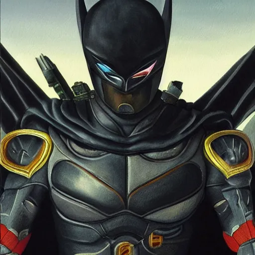 Image similar to a realistic painting by Michaelangelo depicting the Kamen Rider with the head of the symbiotic Batman in the Renaissance,smooth,Sharp focus,high detailed,high resolution,fine art, trending on Artstation.